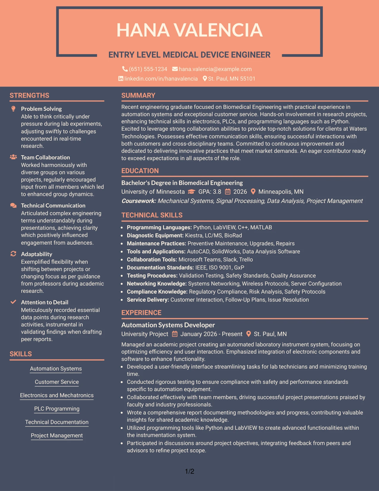Resume Example Page 1