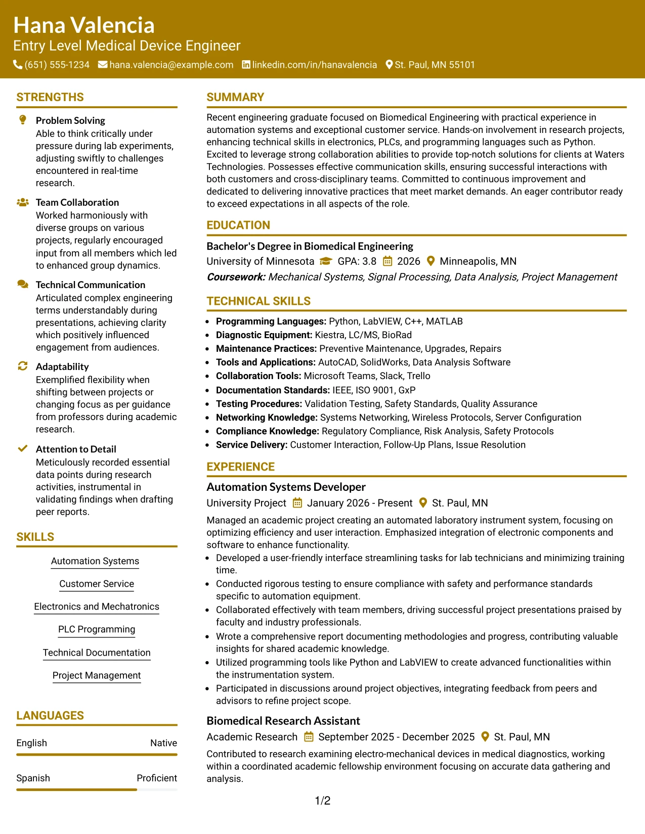 Resume Example Page 1