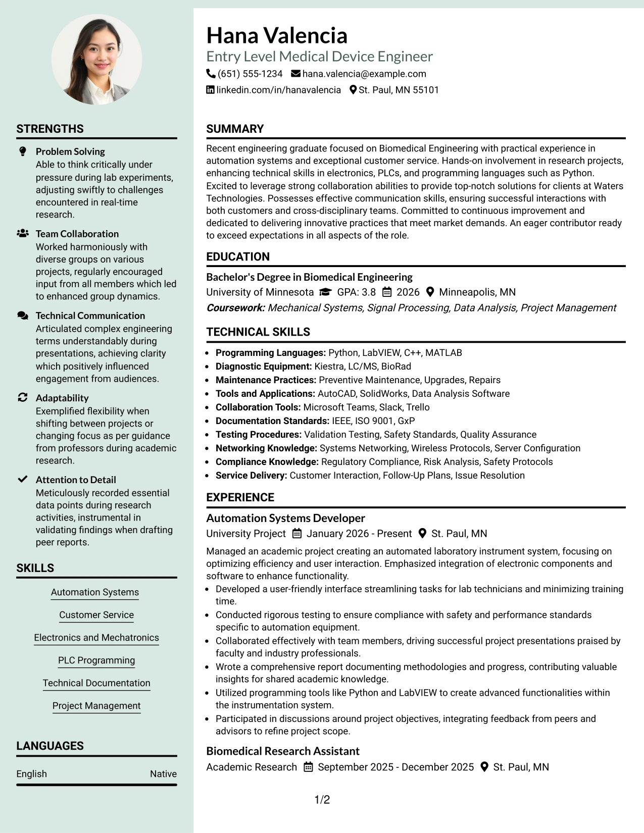Resume Example Page 1