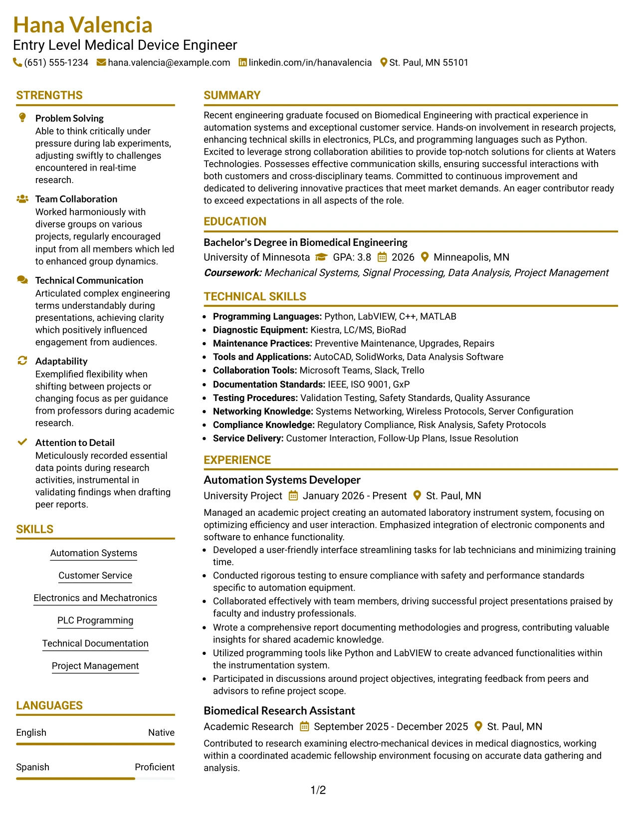 Resume Example Page 1