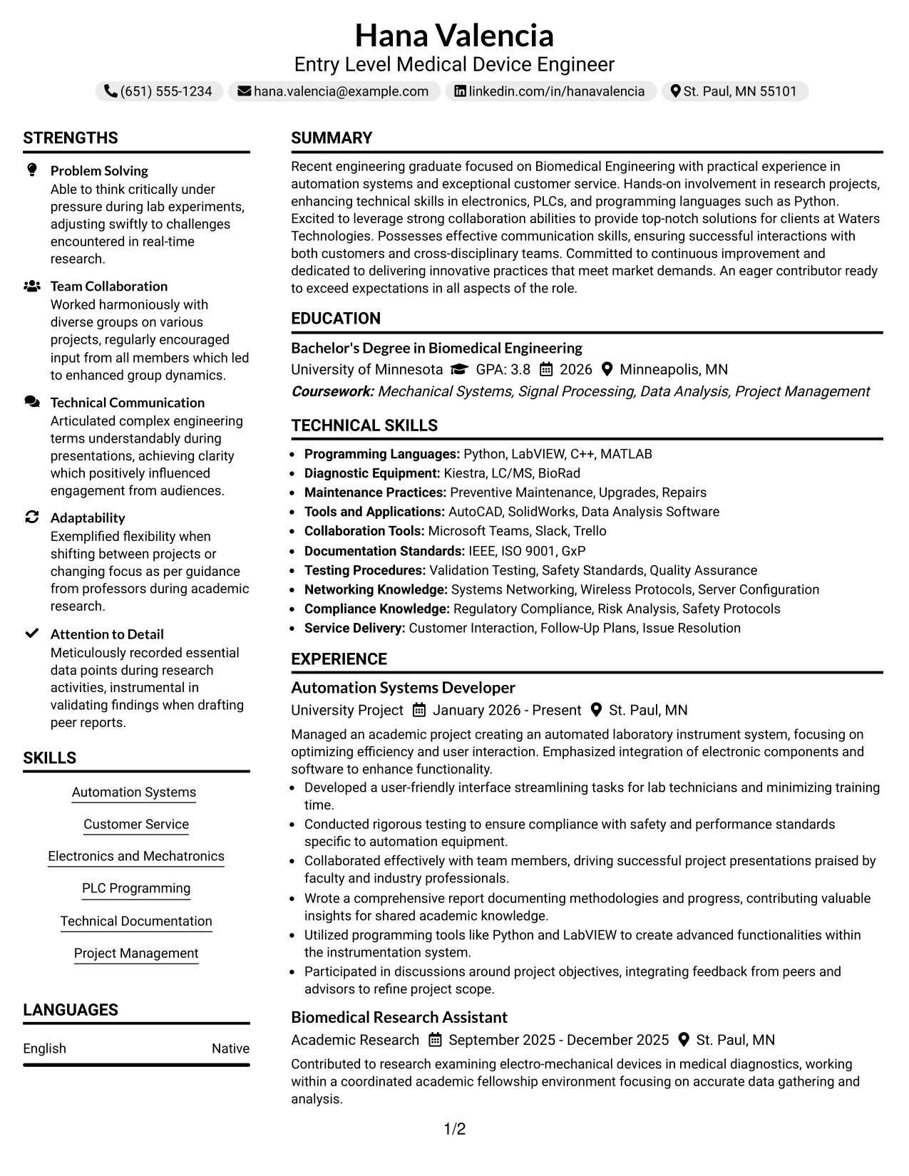 Resume Example Page 1