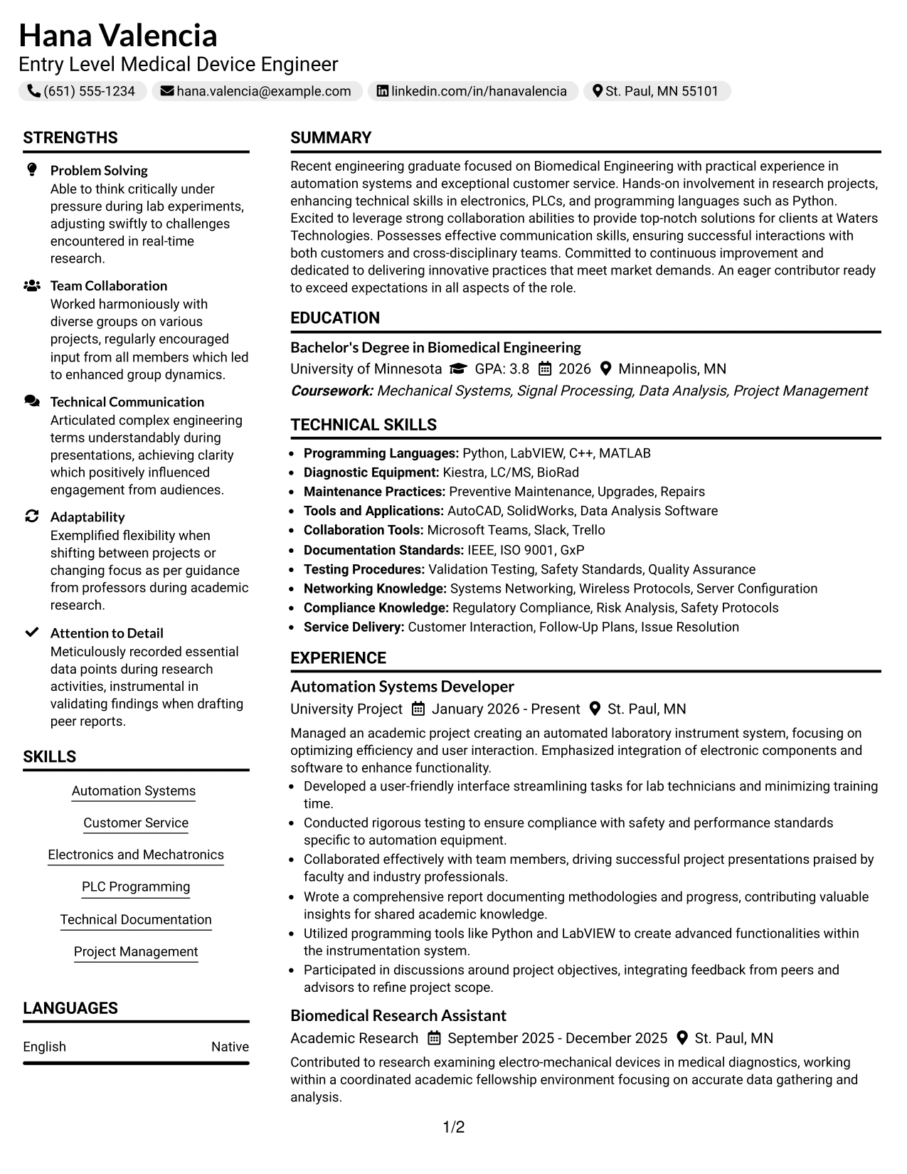 Resume Example Page 1