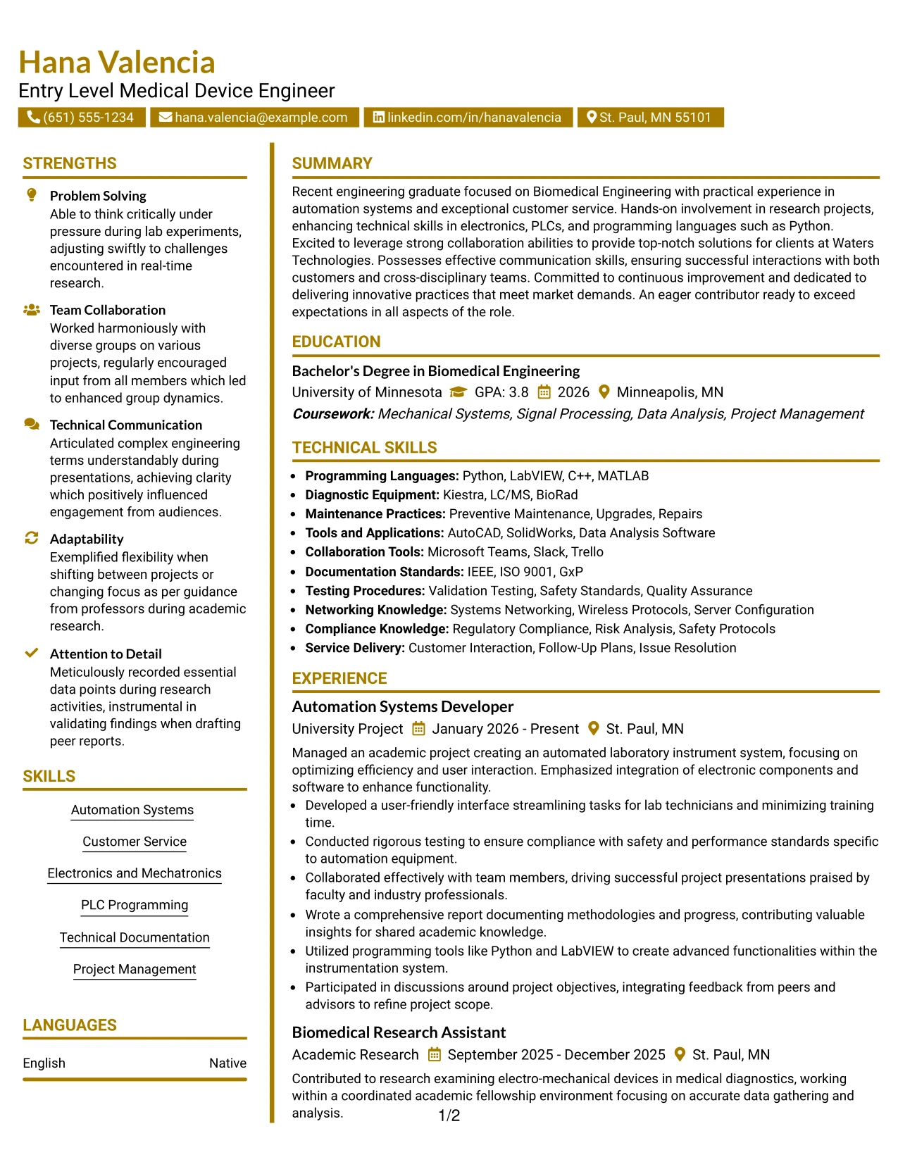 Resume Example Page 1