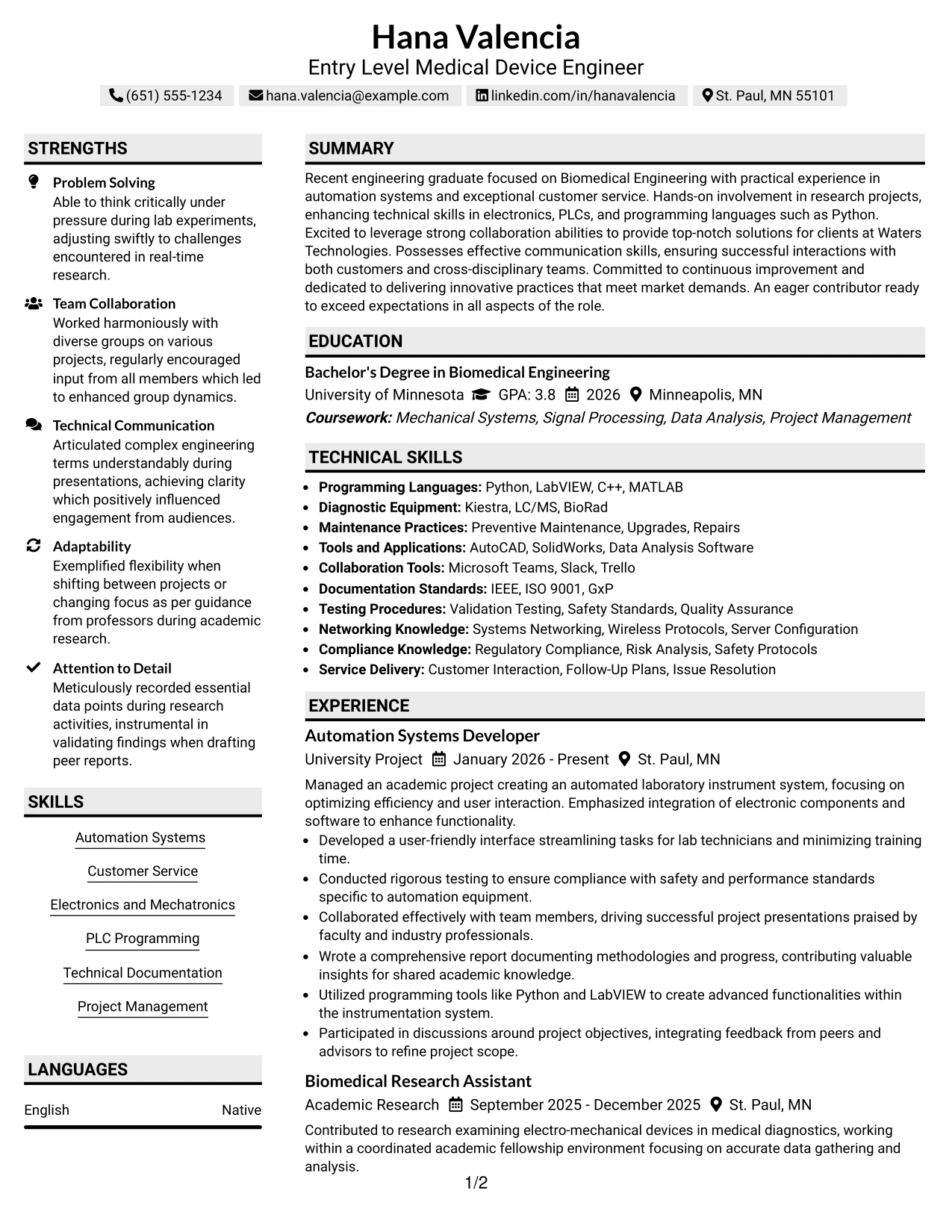 Resume Example Page 1