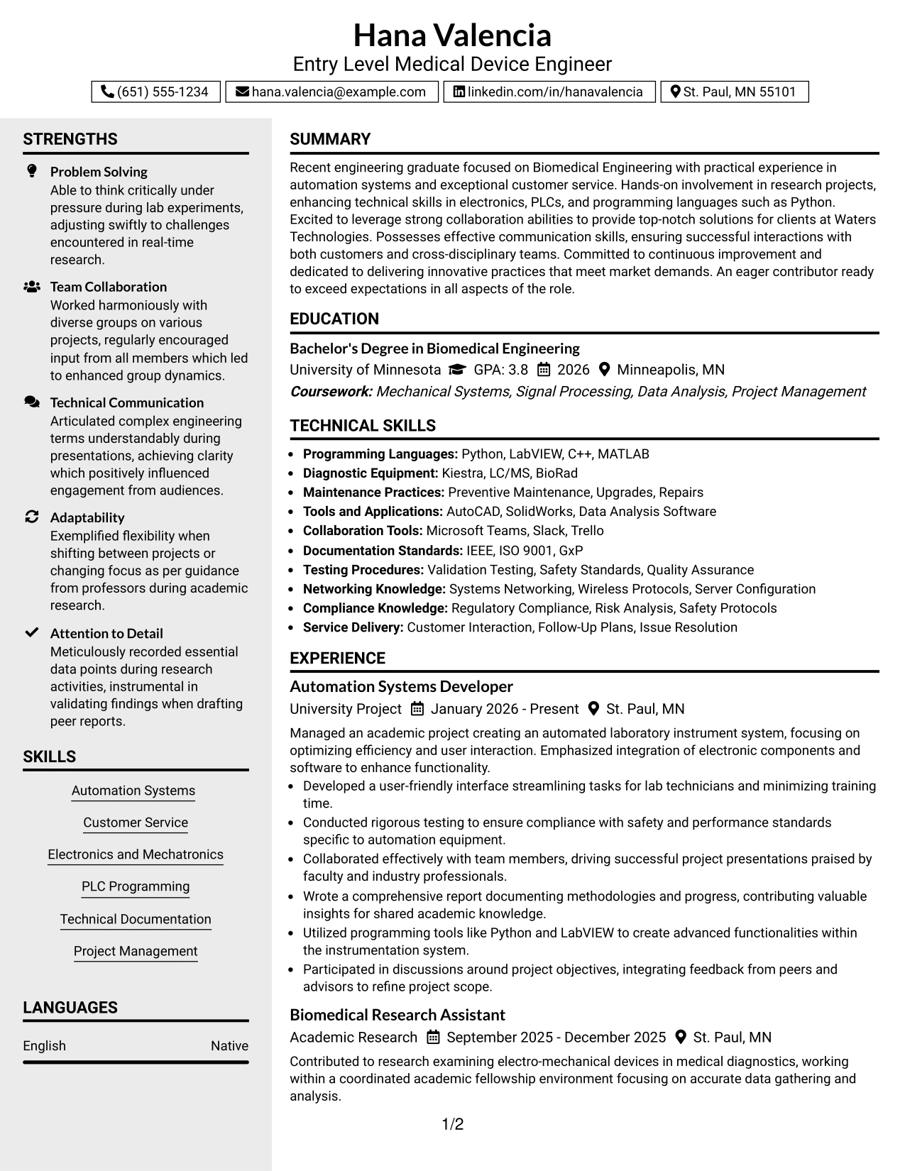 Resume Example Page 1