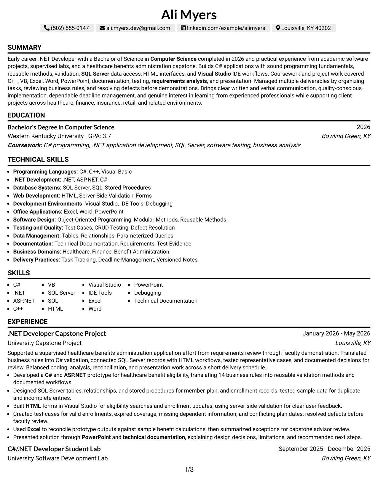 Resume Example Page 1
