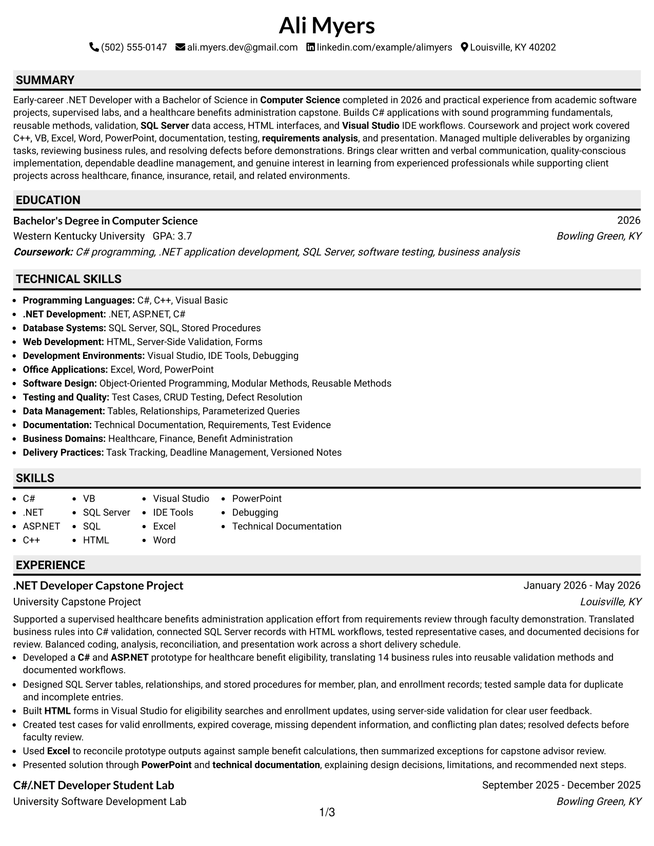 Resume Example Page 1