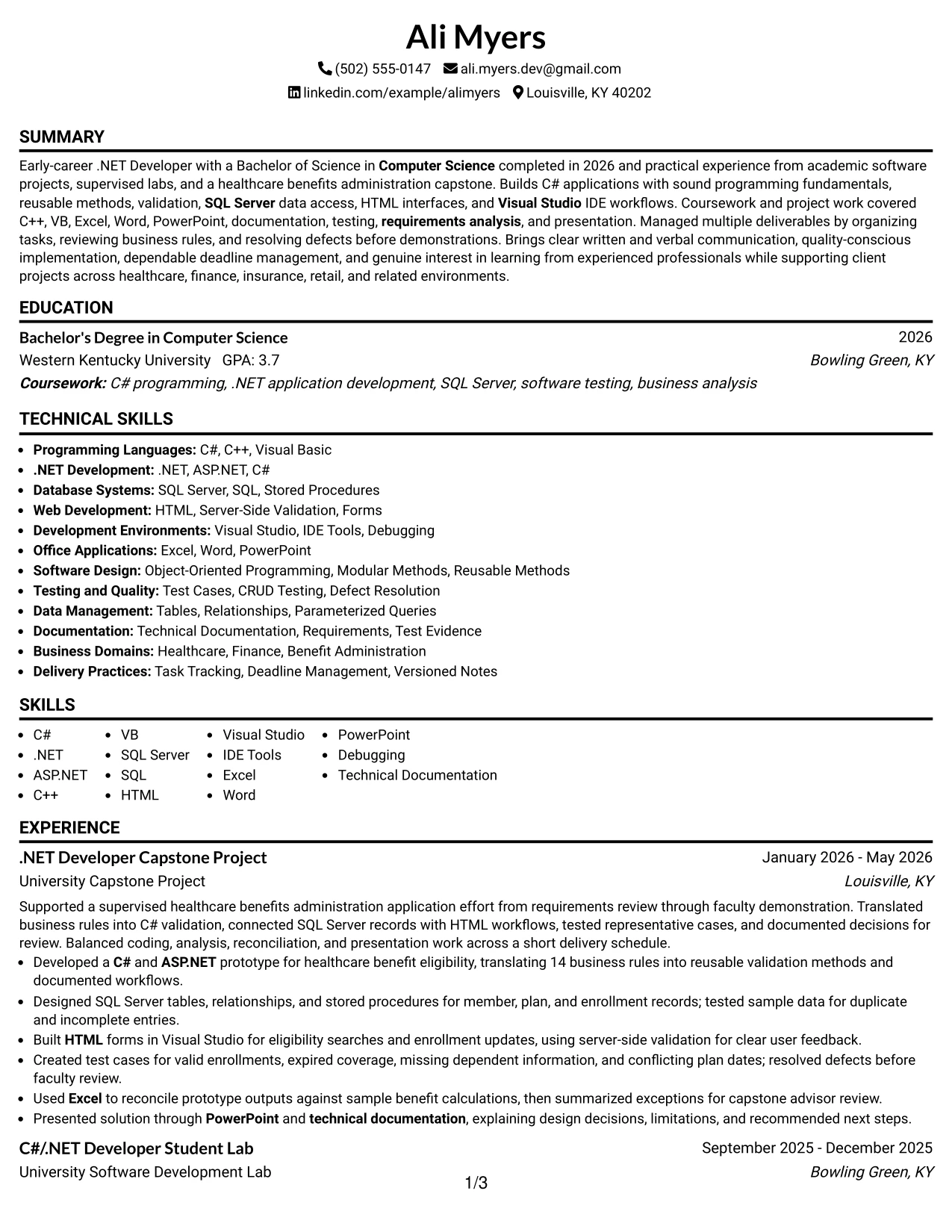 Resume Example Page 1