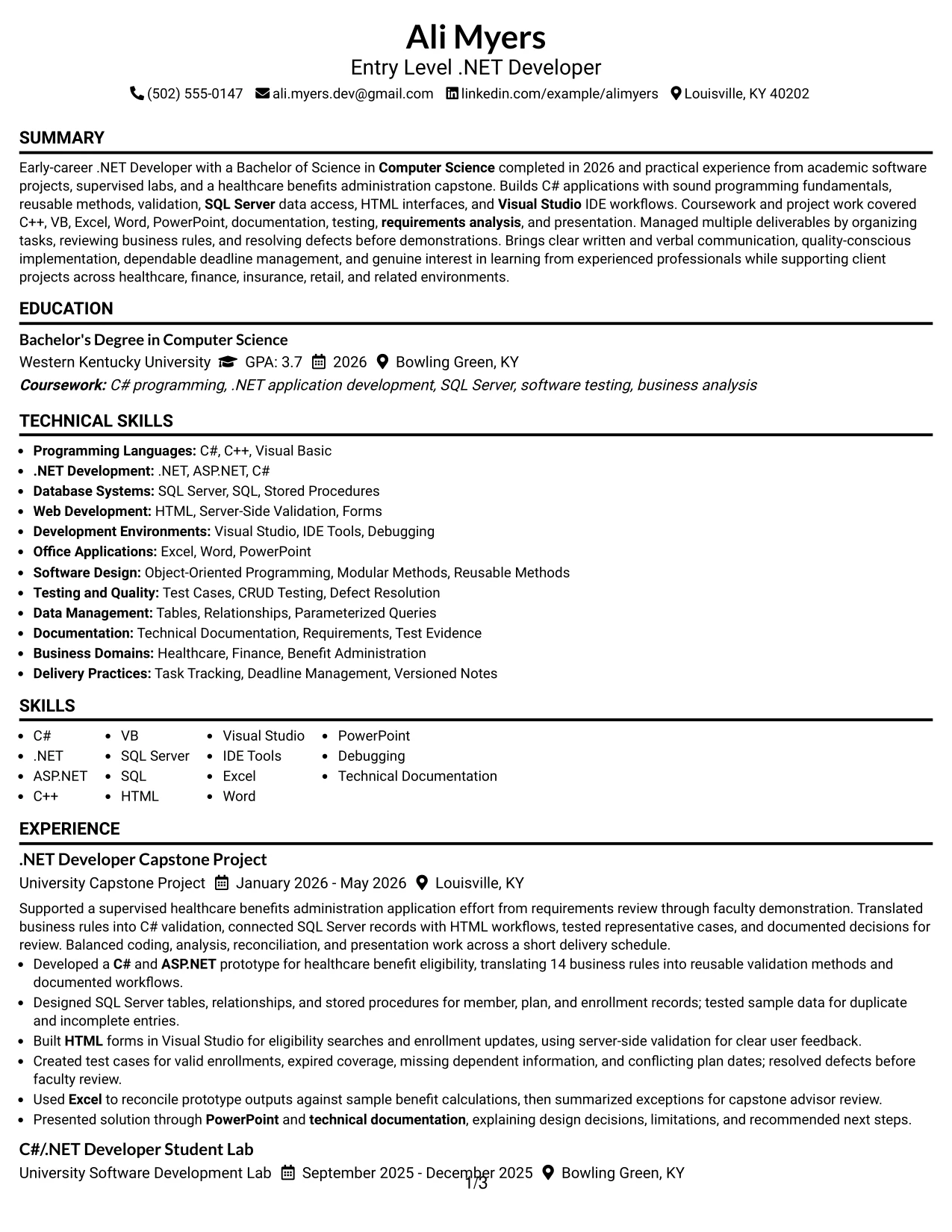 Resume Example Page 1