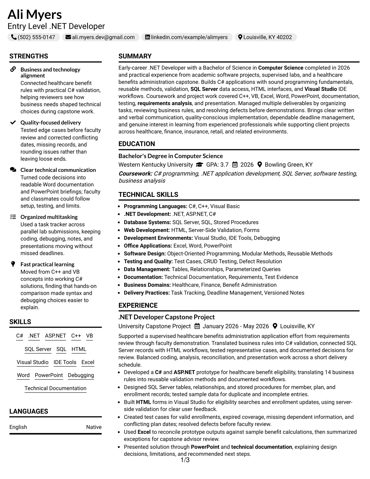 Resume Example Page 1