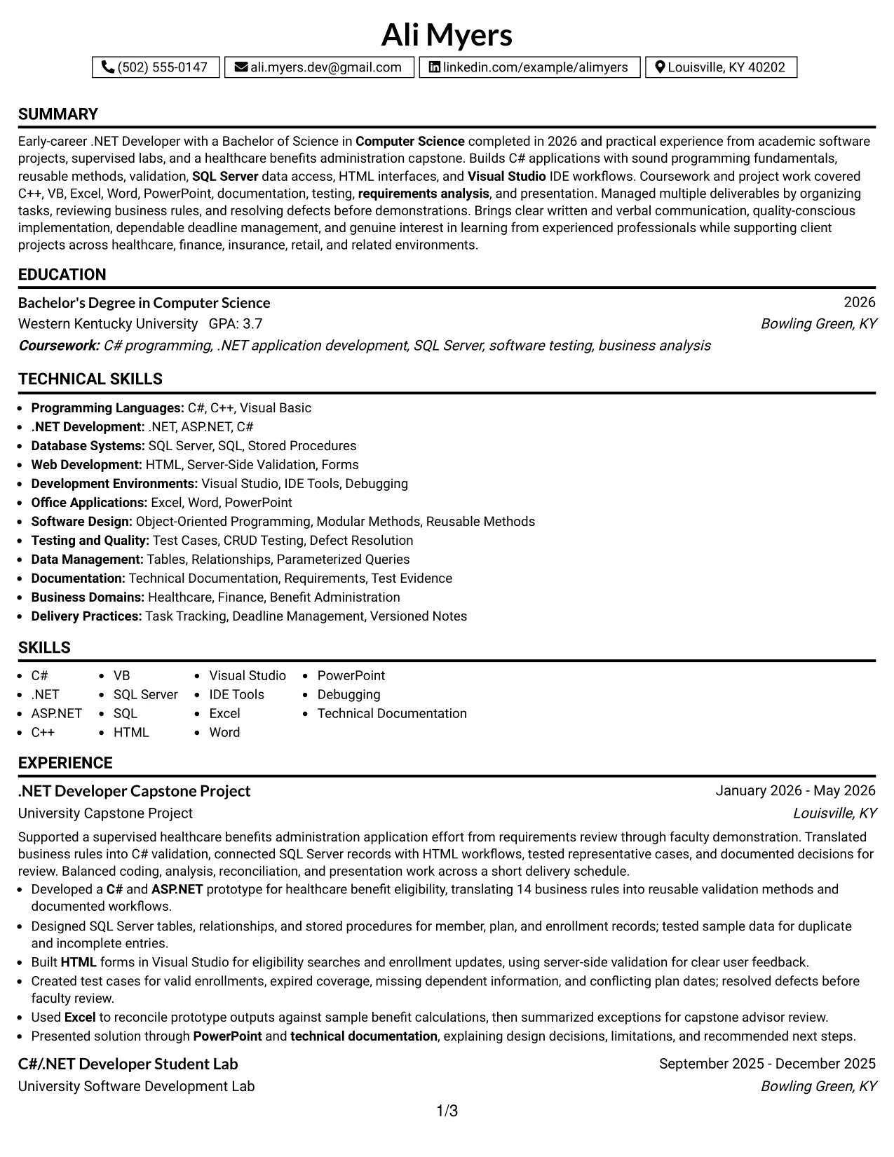 Resume Example Page 1