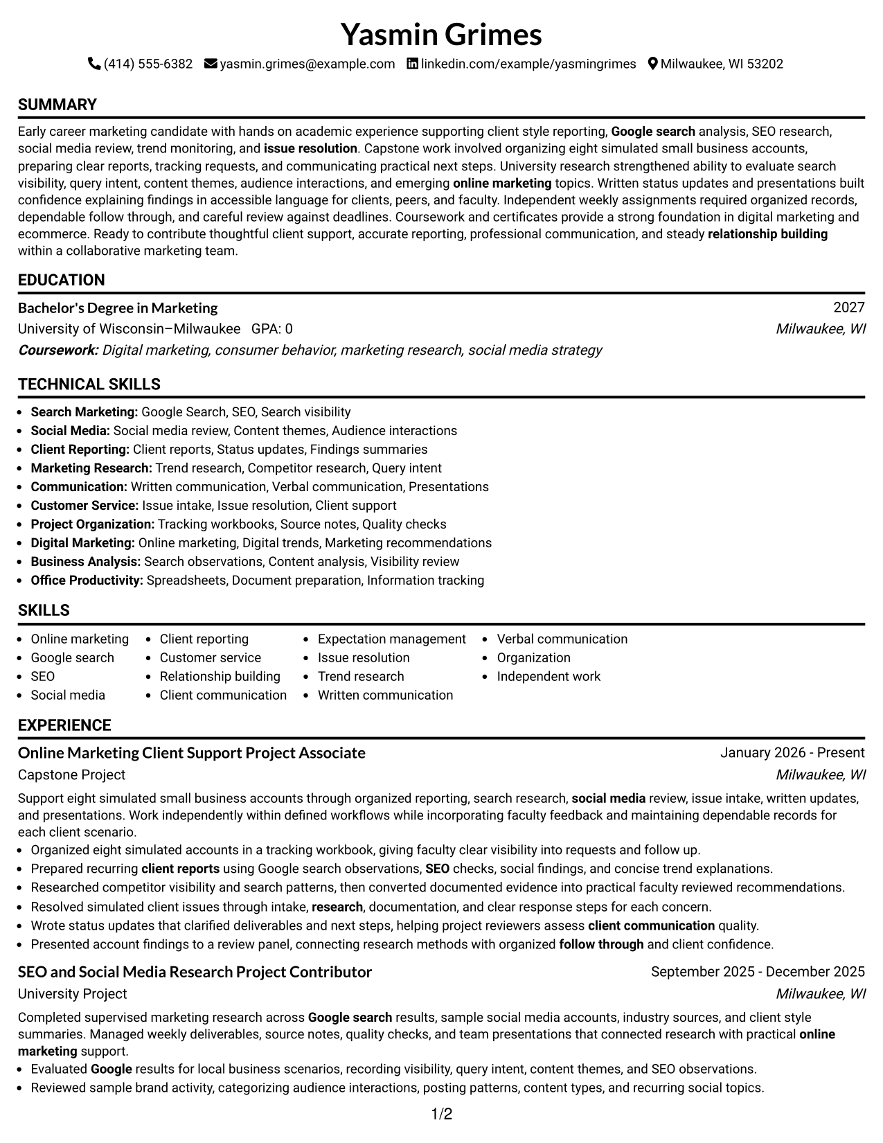 Resume Example Page 1
