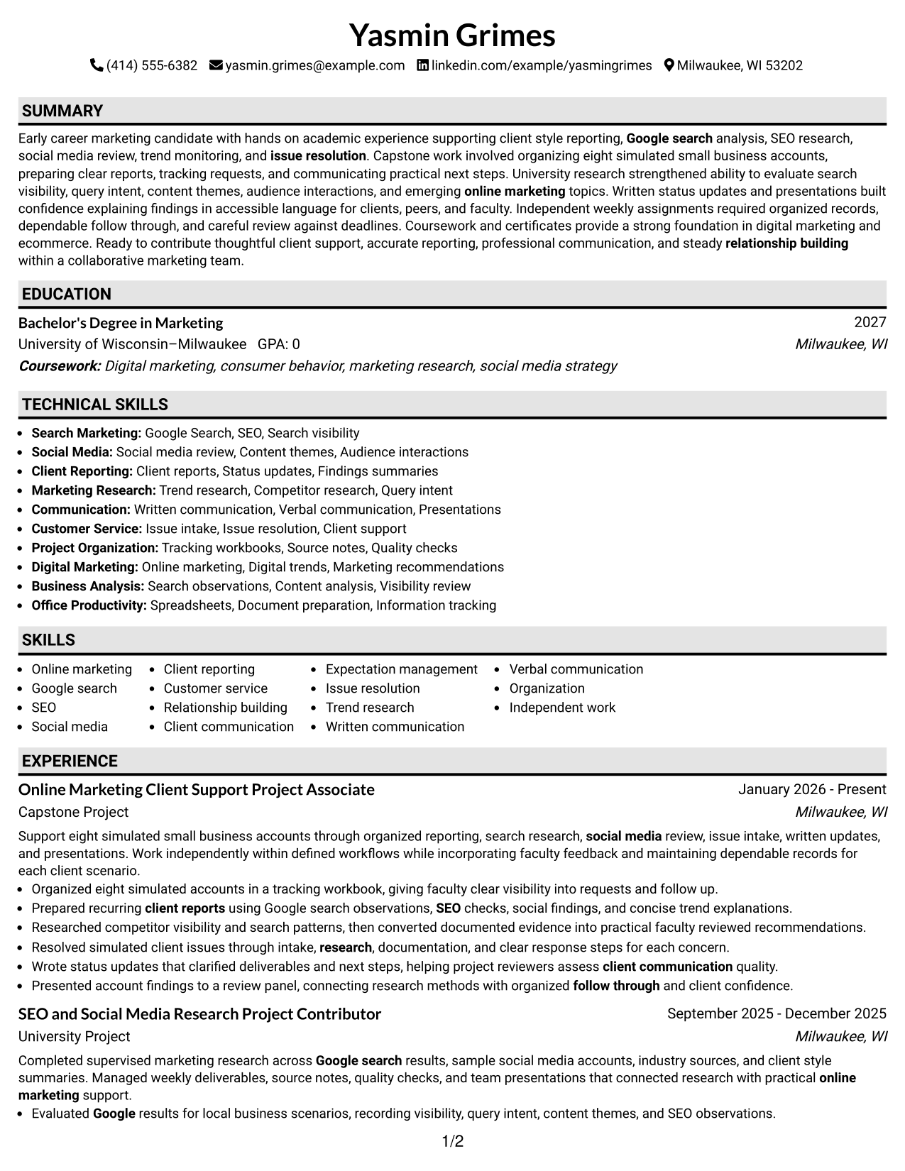 Resume Example Page 1