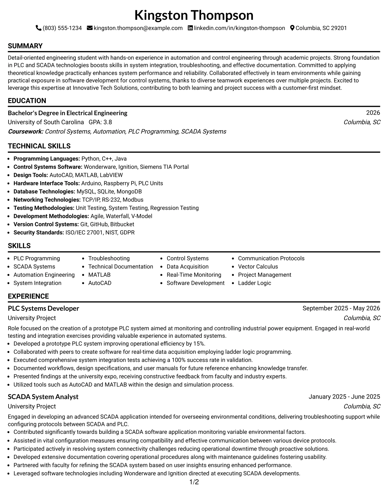 Resume Example Page 1