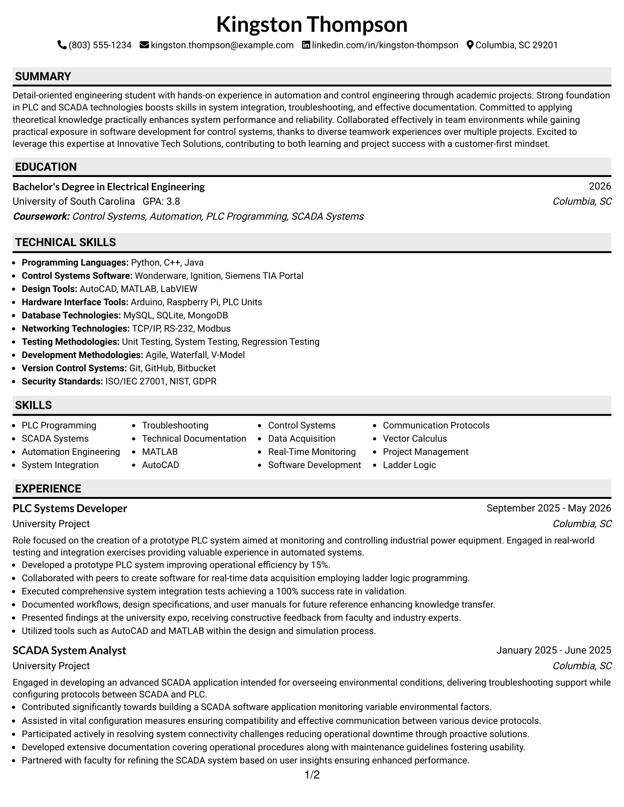Resume Example Page 1