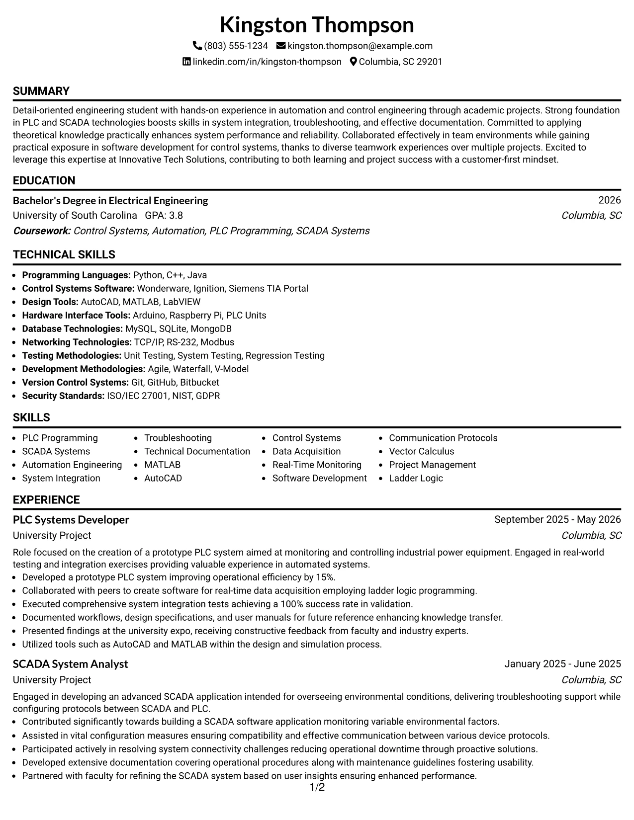 Resume Example Page 1