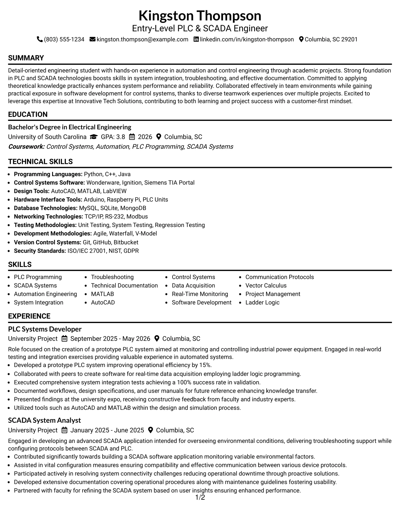Resume Example Page 1
