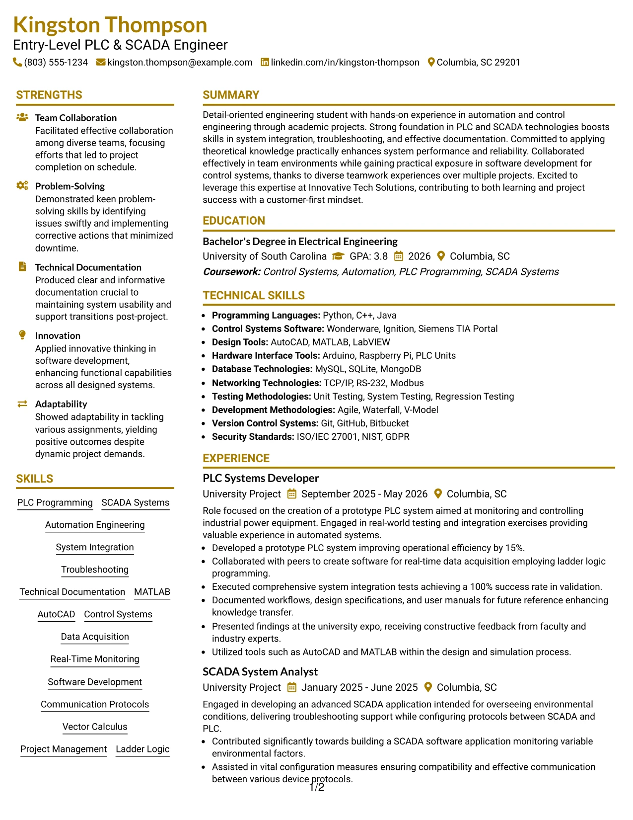 Resume Example Page 1