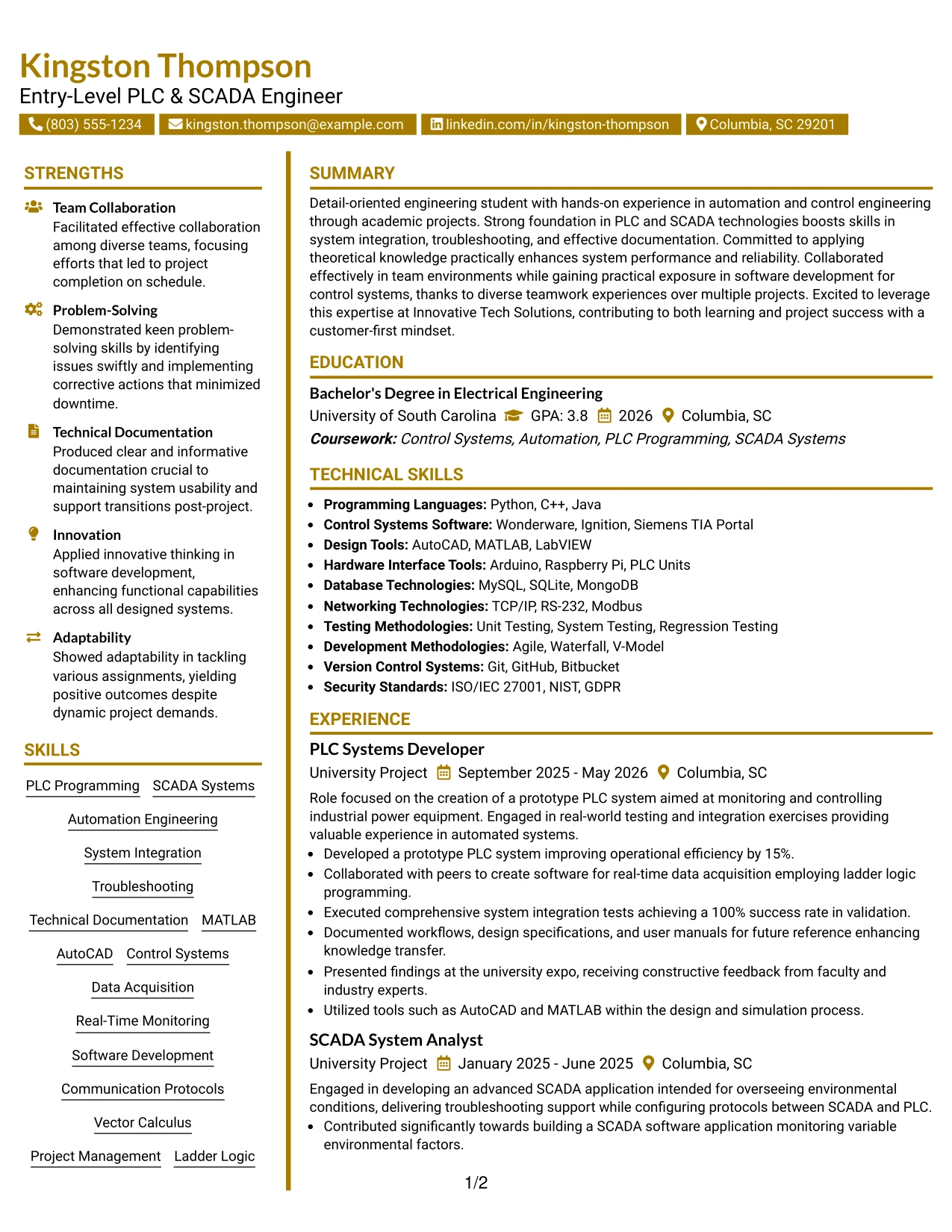 Resume Example Page 1