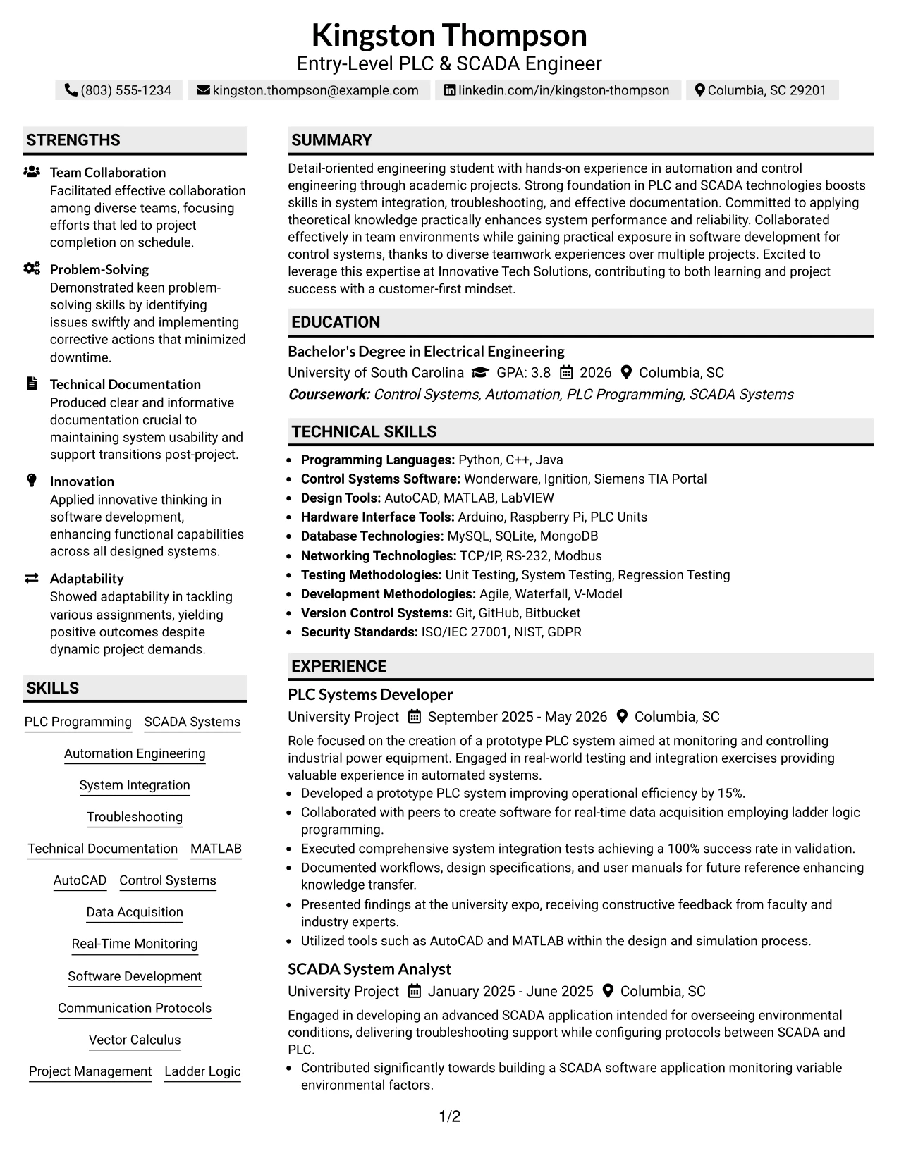Resume Example Page 1