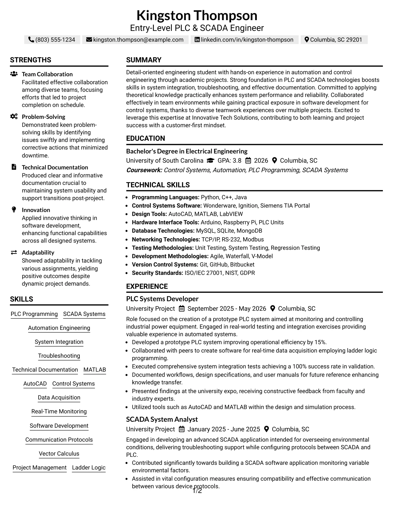 Resume Example Page 1
