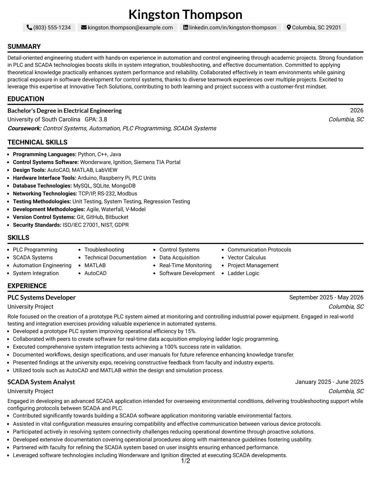 Resume Example Page 1