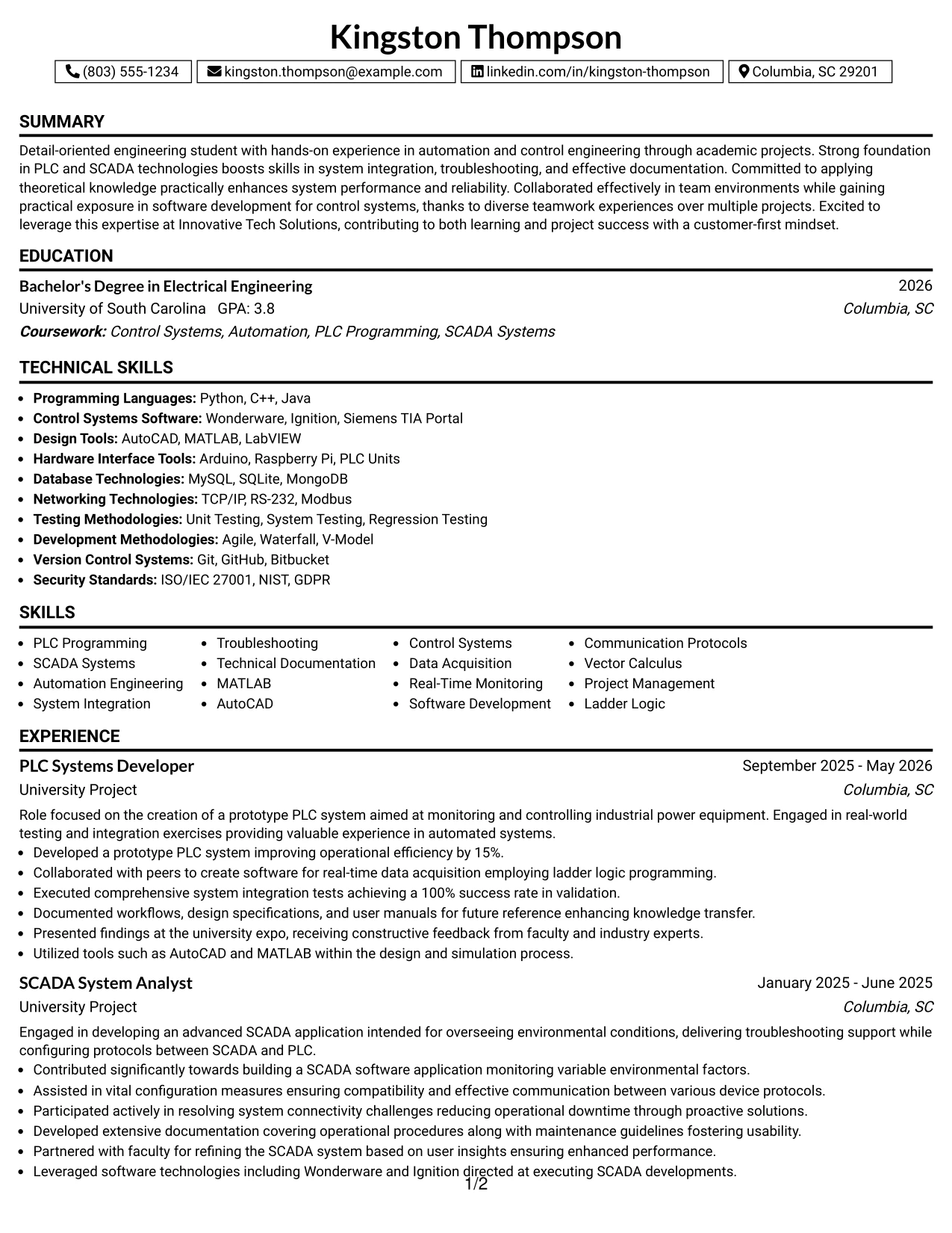 Resume Example Page 1