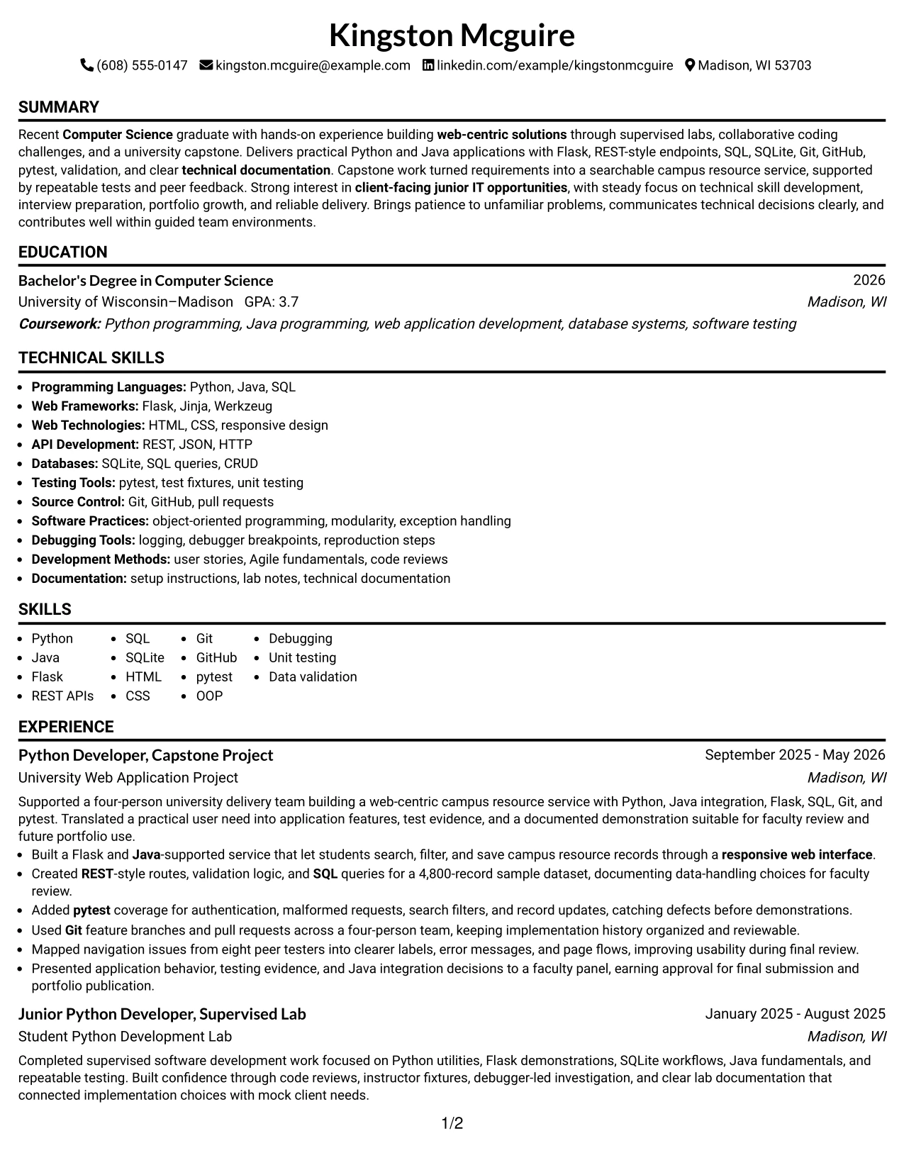 Resume Example Page 1