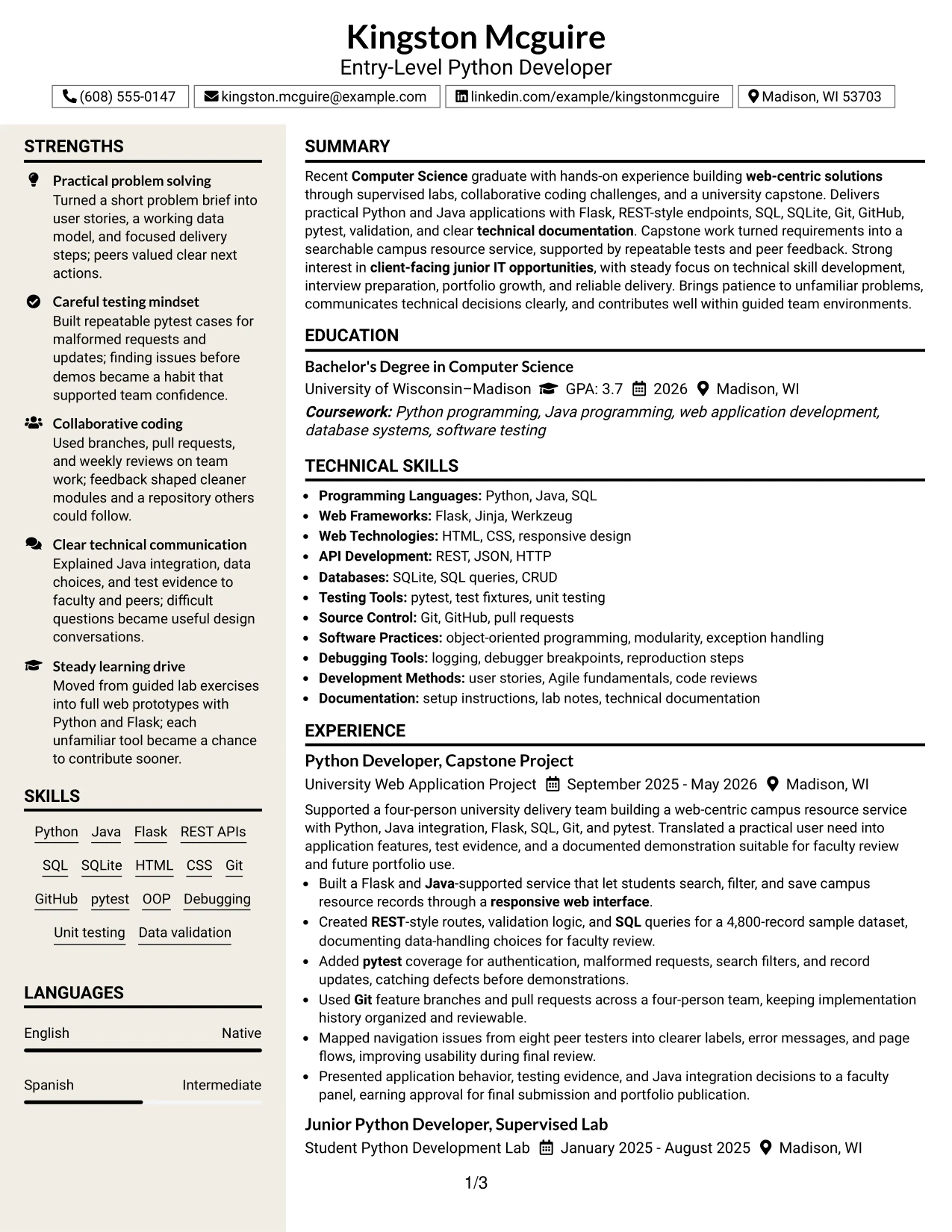 Resume Example Page 1