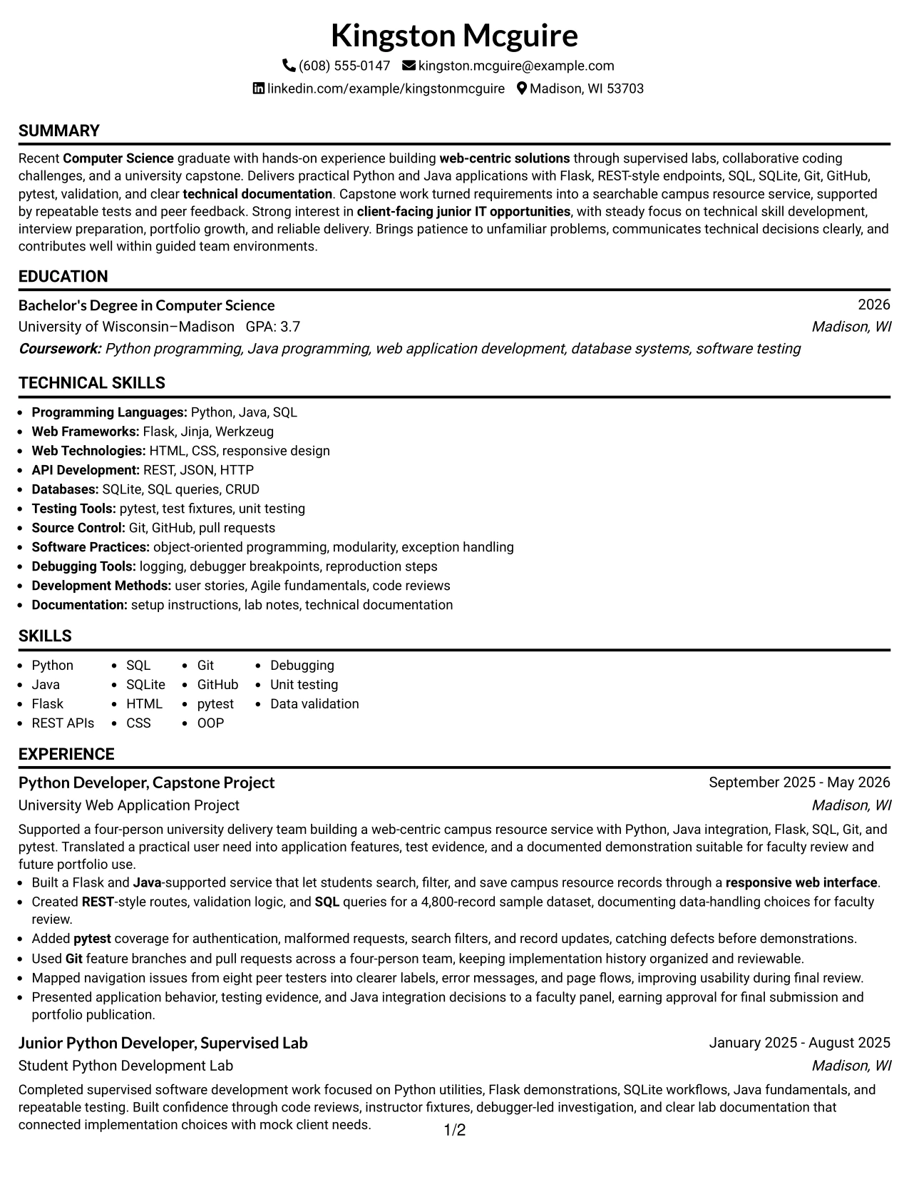 Resume Example Page 1