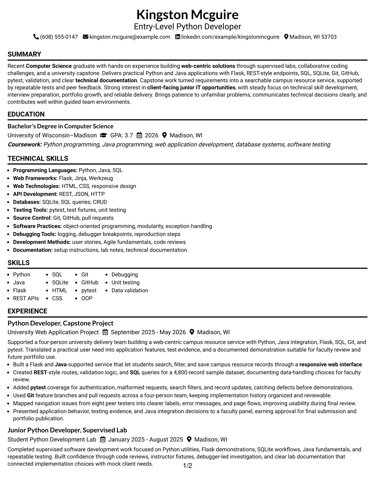 Resume Example Page 1