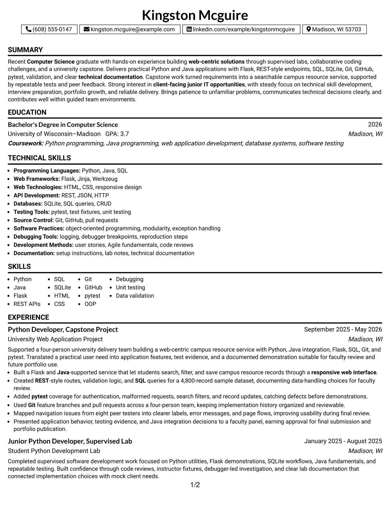 Resume Example Page 1