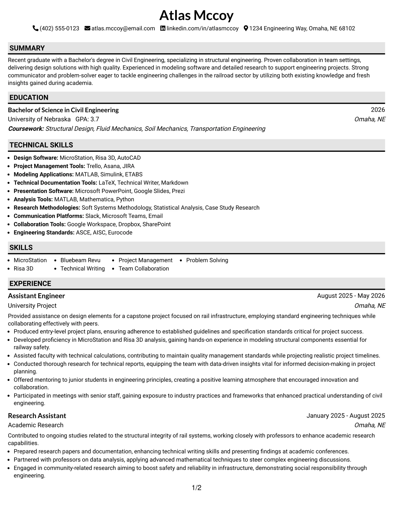 Resume Example Page 1