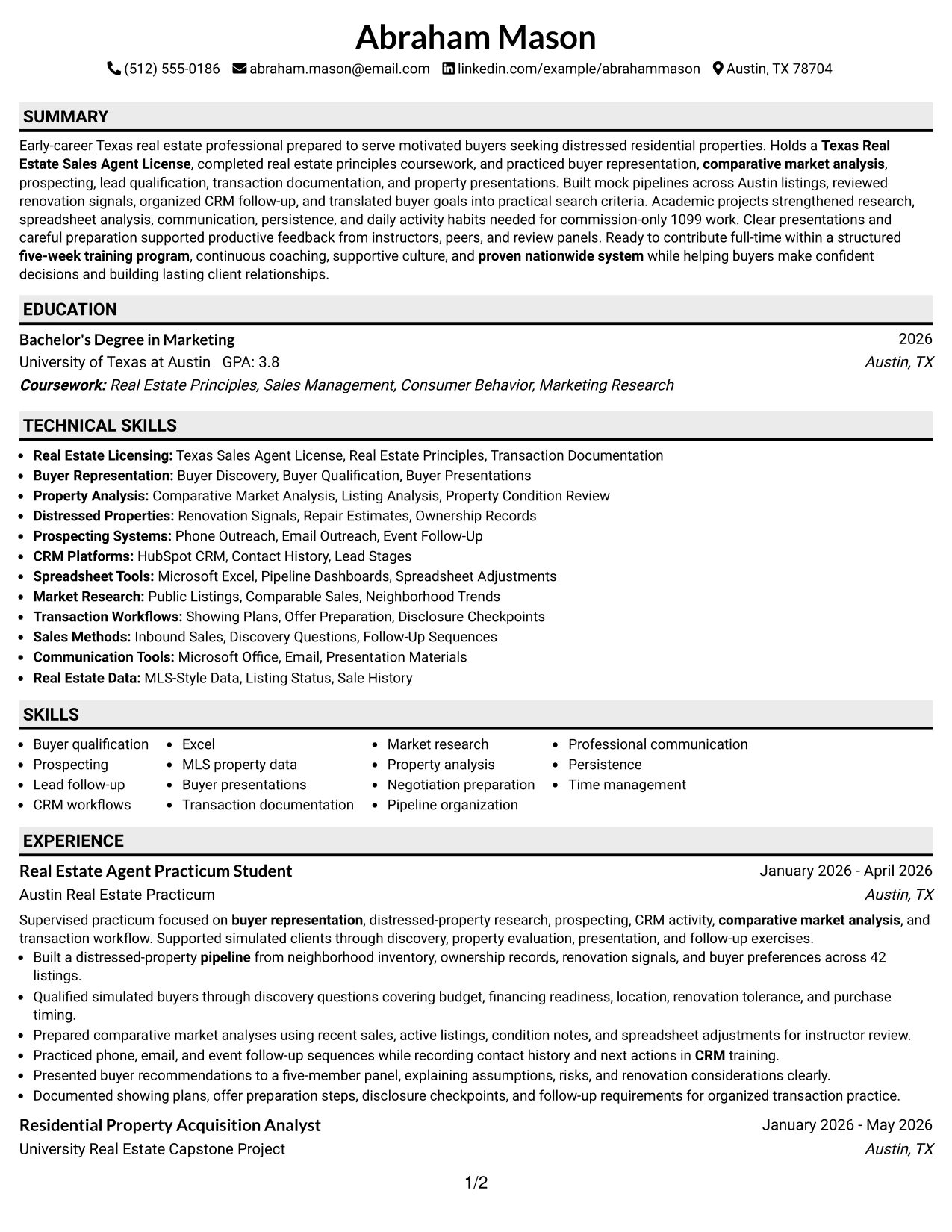 Resume Example Page 1