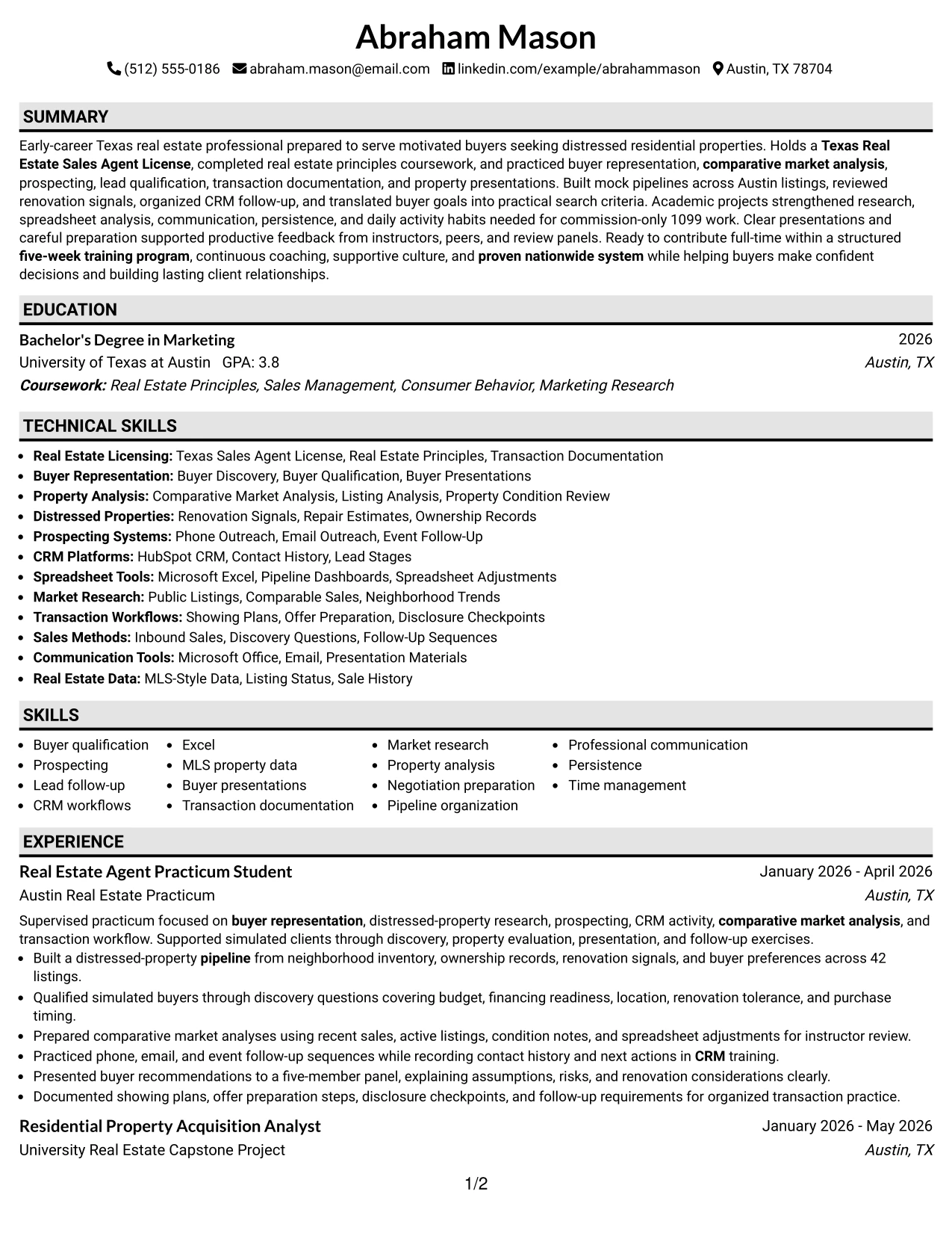 Resume Example Page 1