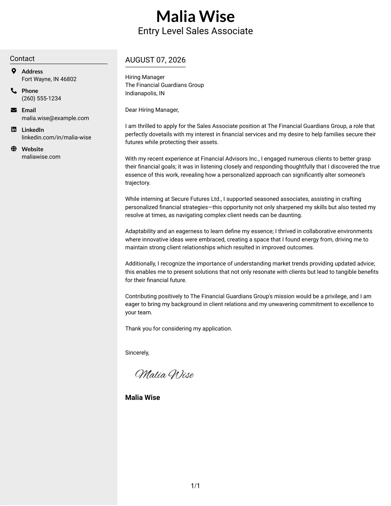 Resume Example Page 1