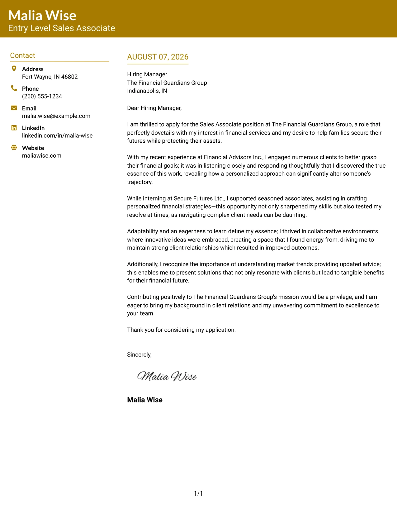 Resume Example Page 1