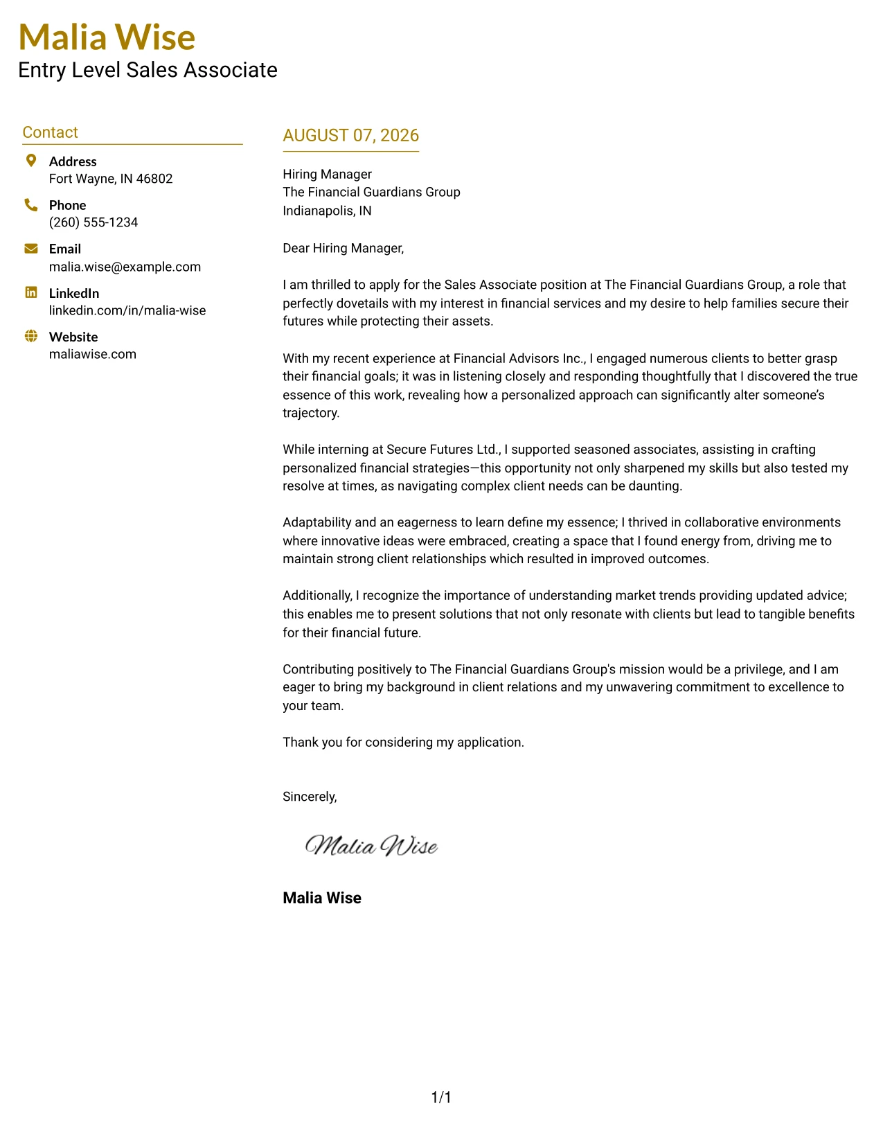 Resume Example Page 1