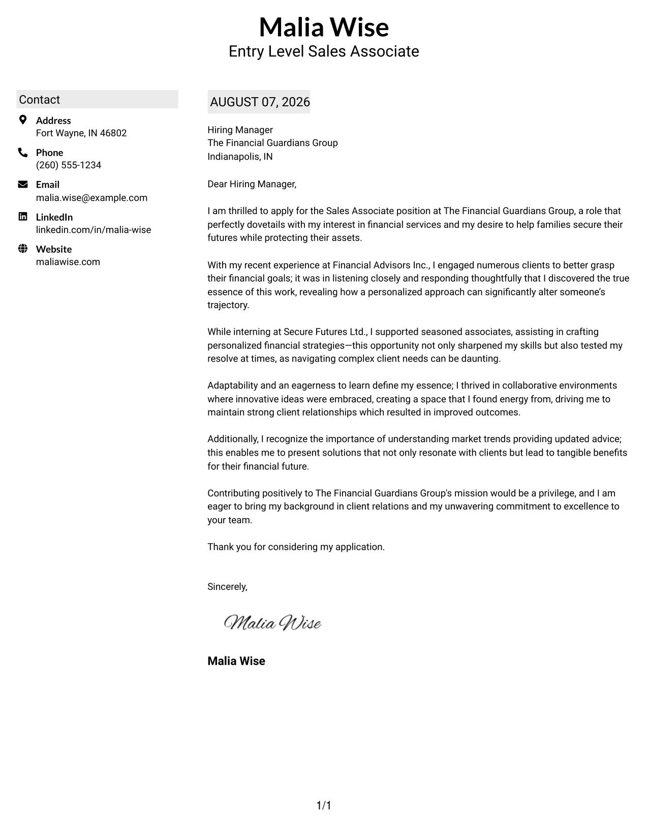 Resume Example Page 1