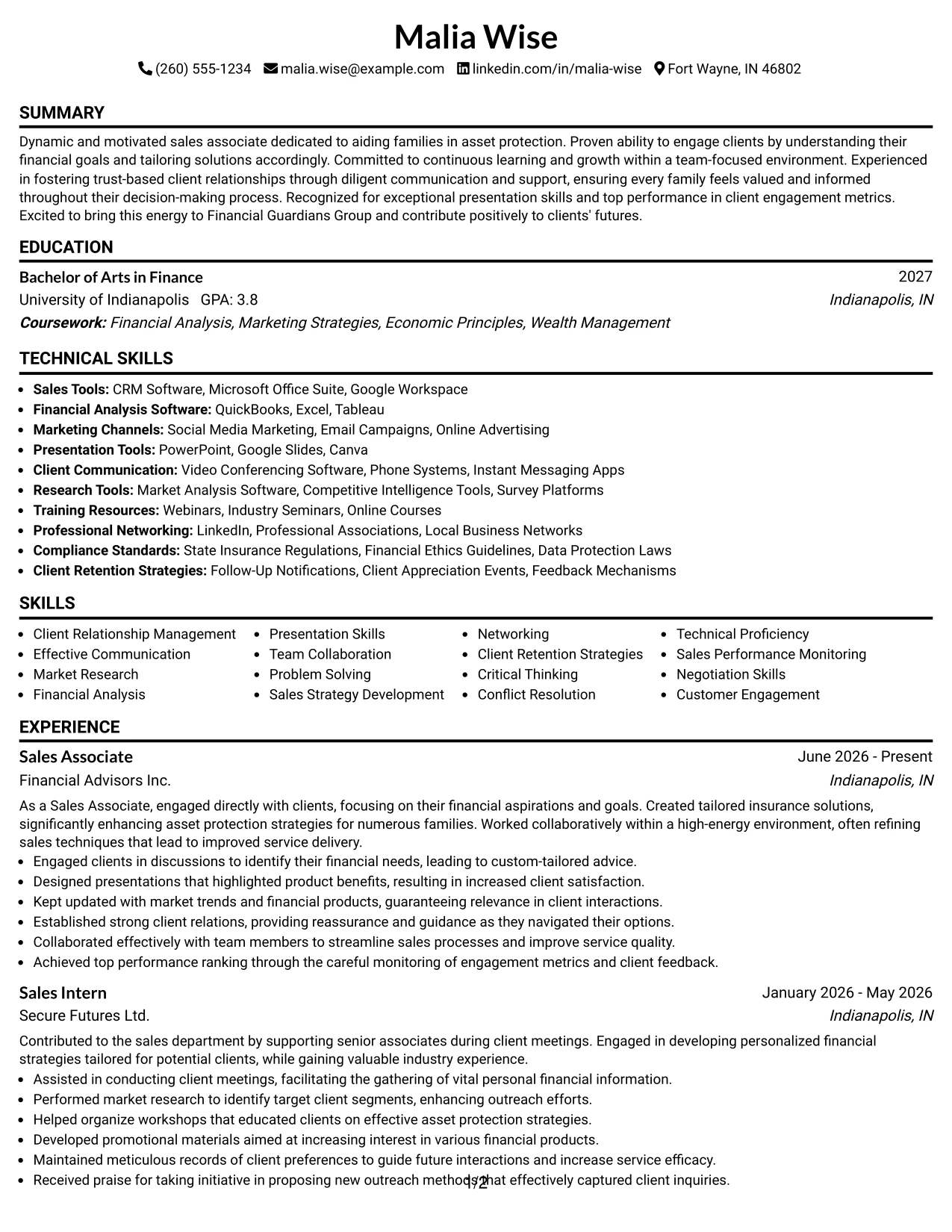 Resume Example Page 1