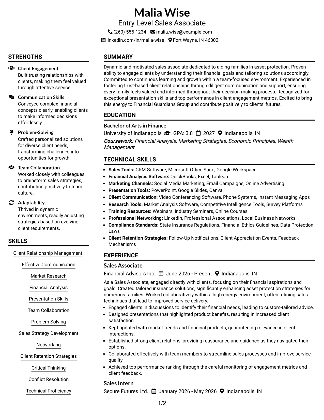 Resume Example Page 1
