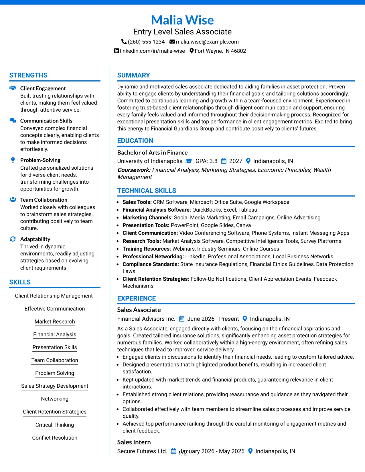 Resume Example Page 1