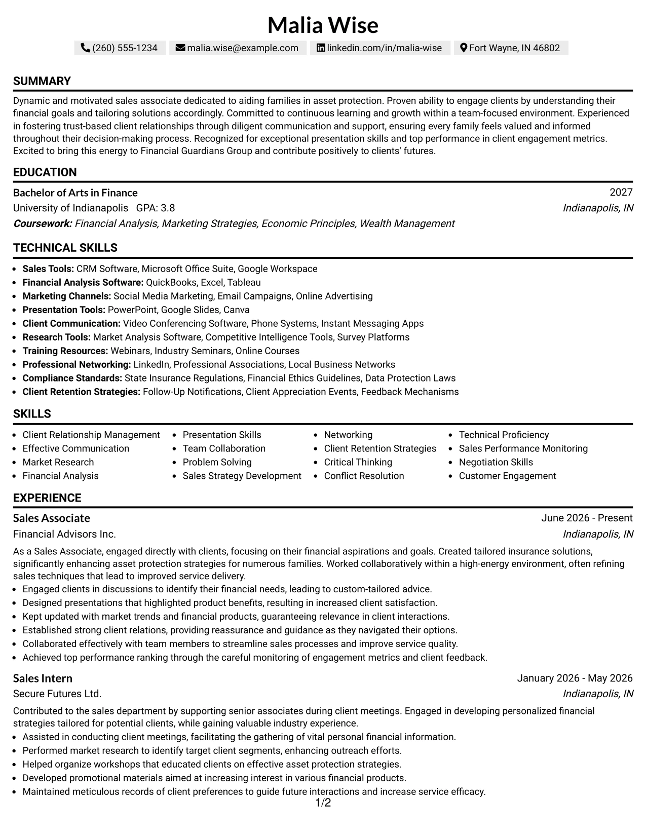 Resume Example Page 1