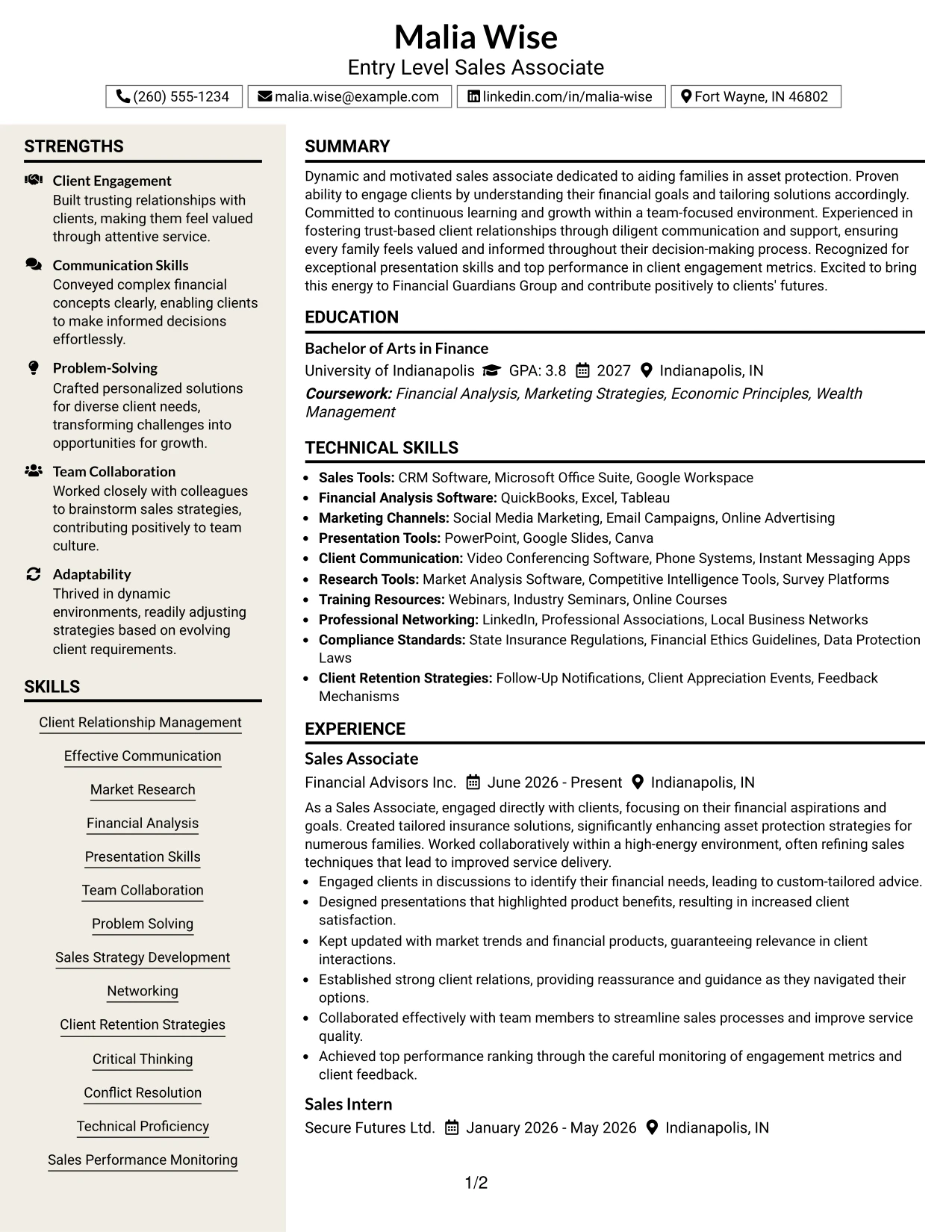 Resume Example Page 1