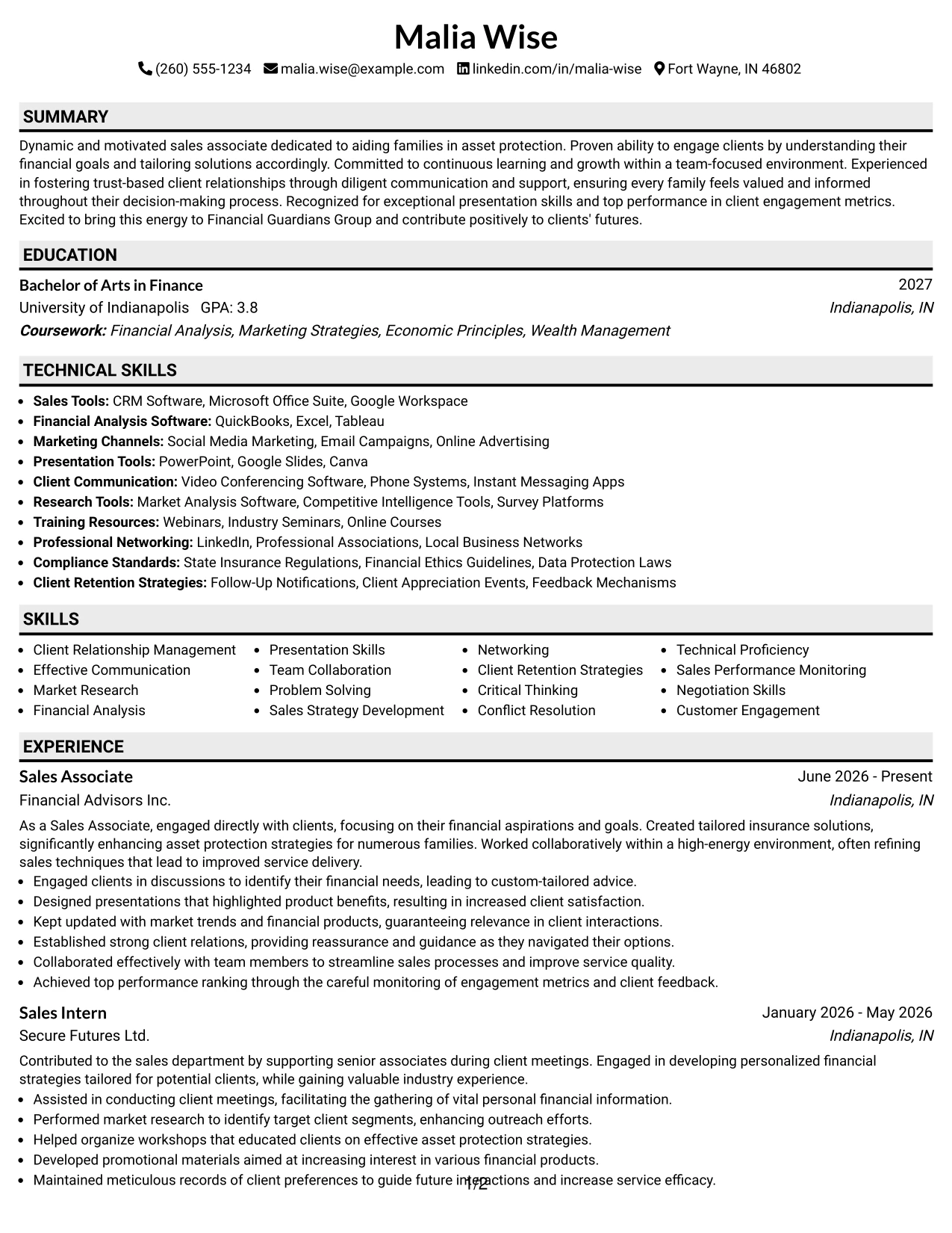 Resume Example Page 1