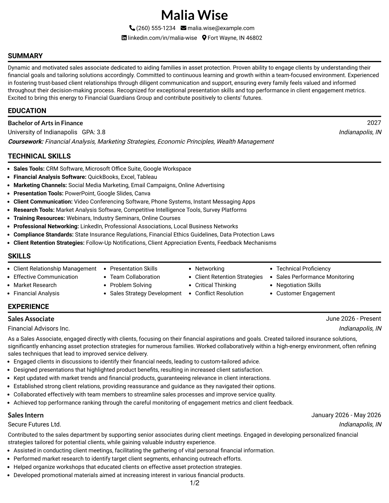 Resume Example Page 1