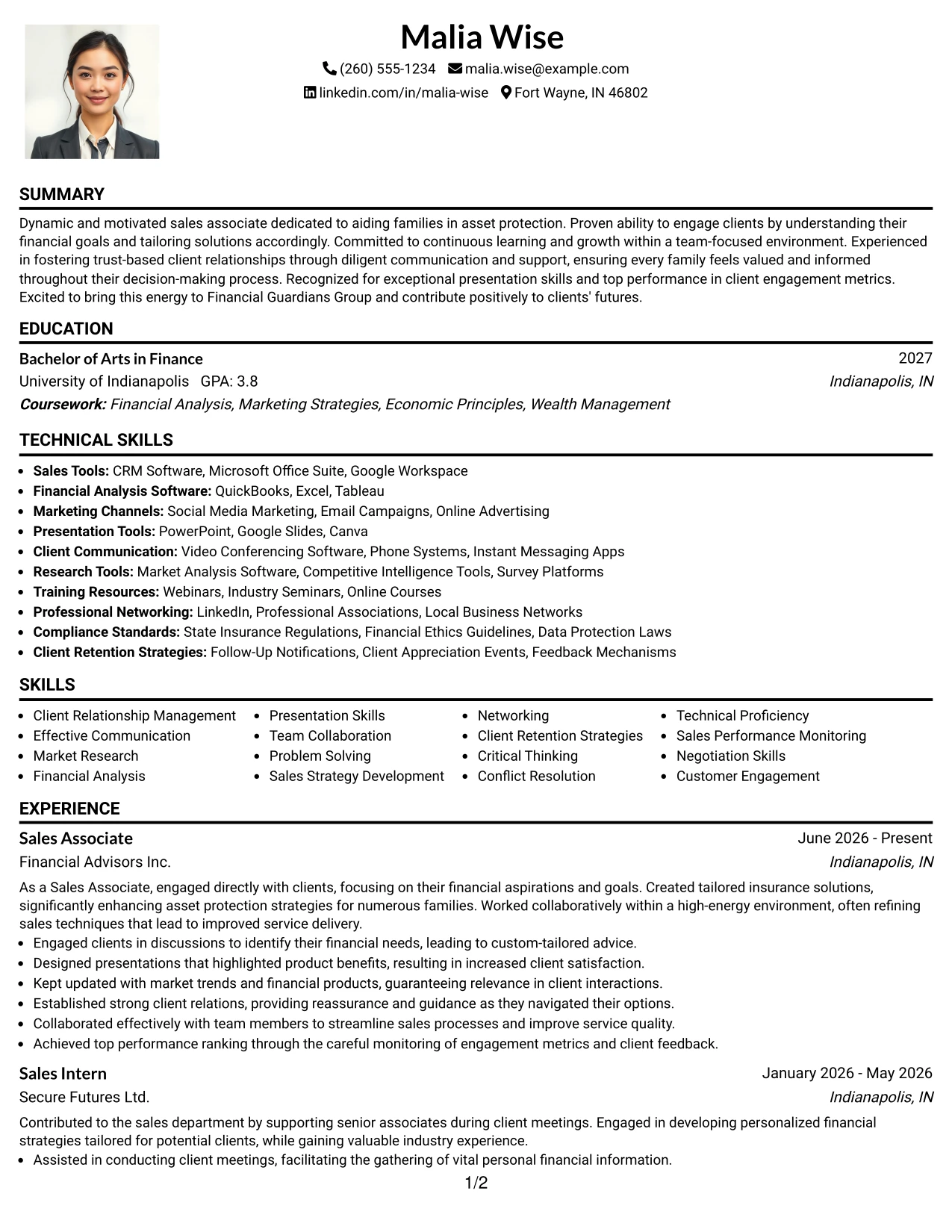 Resume Example Page 1