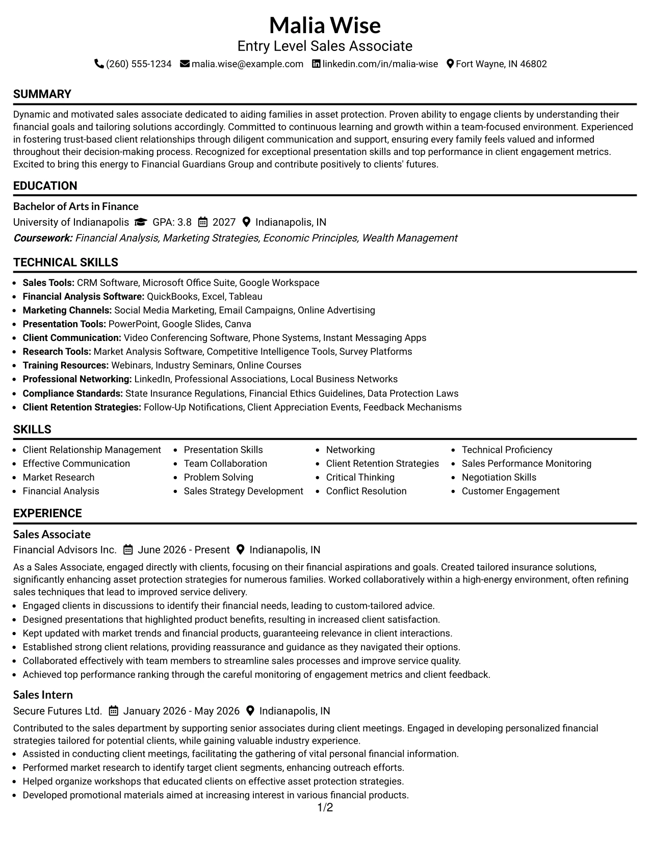 Resume Example Page 1