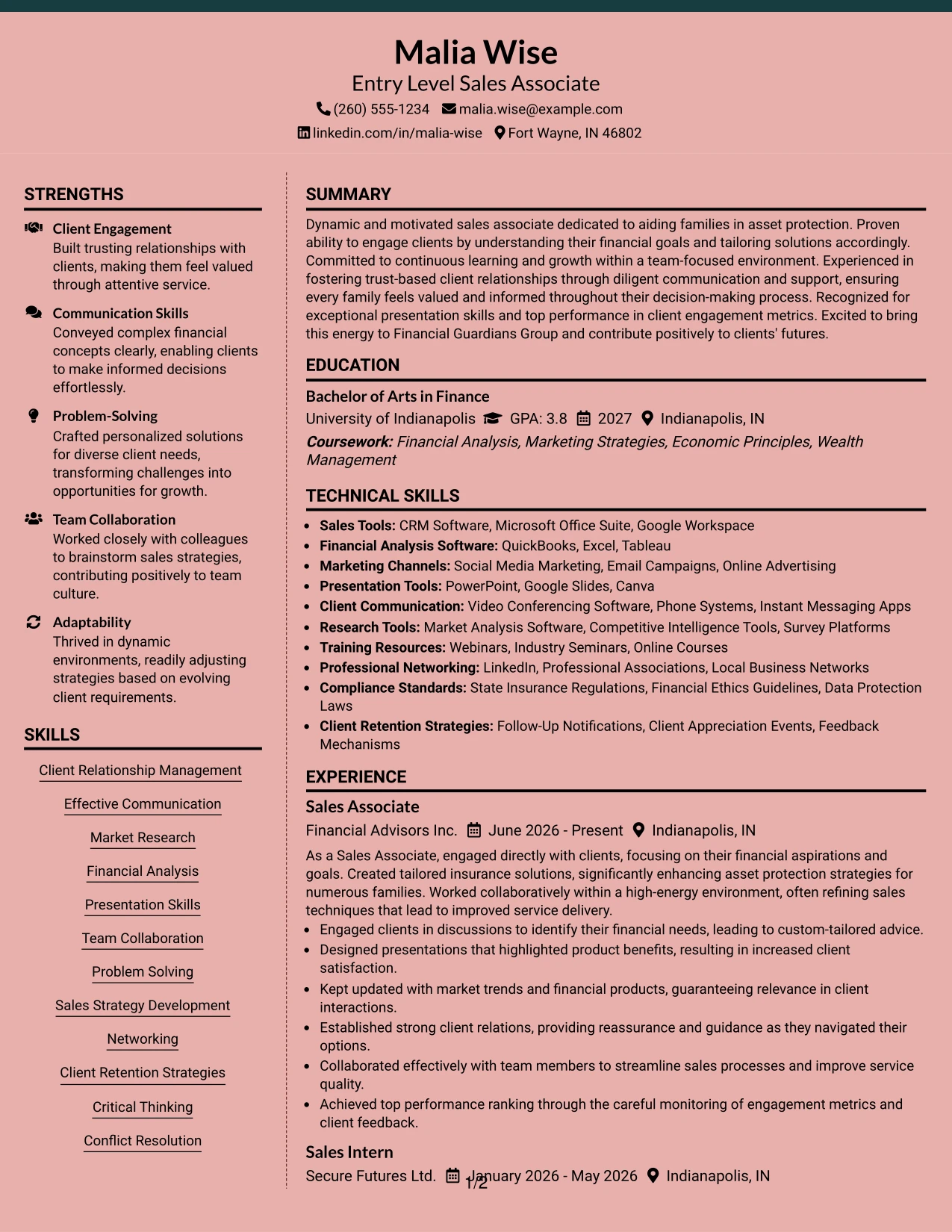 Resume Example Page 1