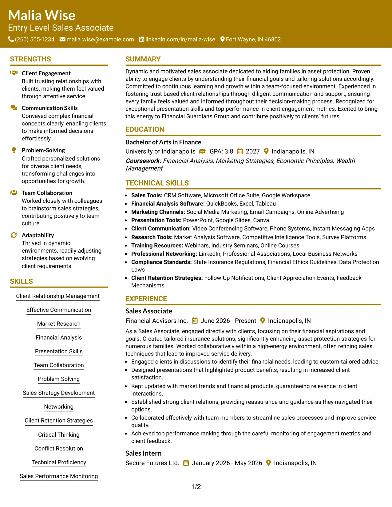 Resume Example Page 1
